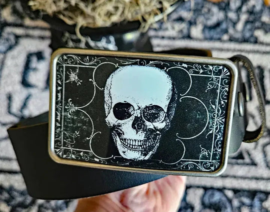 The Victorian Skull is one of most unique belt buckles that are completely metal (image area too) and are made to be durable and lasting! Lots of details in the image and slightly smaller than most of our buckle selection. Available at our Smyrna, TN shop a short ride from downtown Nashville.

Belt Buckle Measures: 3"x2"&
Fits any snap belt up to 1 1/2"
Listing is for the belt buckle only &amp; does not include a belt strap.