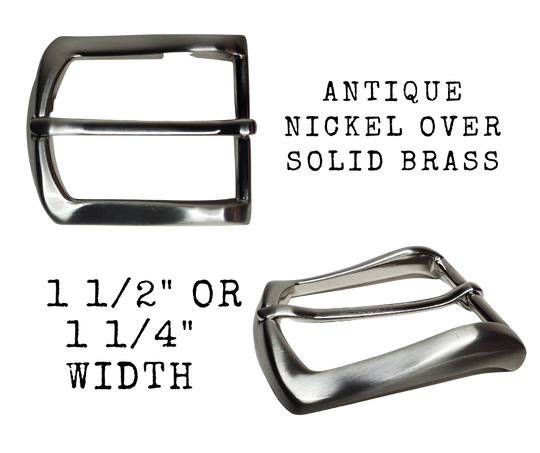  If you need a upgrade for your current belt or want a different look we have a selection of what we call Basic buckles. . Stop in our shop in Smyrna, TN, just outside of Nashville.  This has a great casual look.  Choose 1 1/4", 1 1/2"  Brushed Nickel, Heel Bar Buckle, Solid Brass, Low Lead Brass 