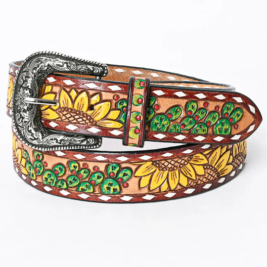 This all veg-tan Leather belt boasts a classic Western design, complete with white buck stitch detailing along the edge. The stylish belt buckle, influenced by the Western aesthetic, can be easily removed and changed thanks to the screw post closure. Whether you choose to shop online or visit our Smyrna, TN store, not far from Famous downtown Nashville, you can snag this unique piece for your wardrobe. Imported.