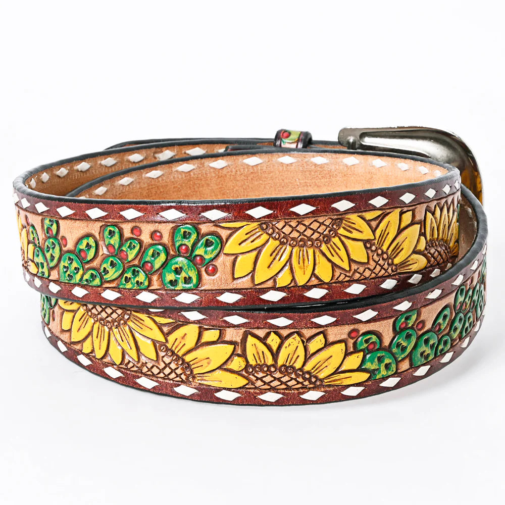 This all veg-tan Leather belt boasts a classic Western design, complete with white buck stitch detailing along the edge. The stylish belt buckle, influenced by the Western aesthetic, can be easily removed and changed thanks to the screw post closure. Whether you choose to shop online or visit our Smyrna, TN store, not far from Famous downtown Nashville, you can snag this unique piece for your wardrobe. Imported.