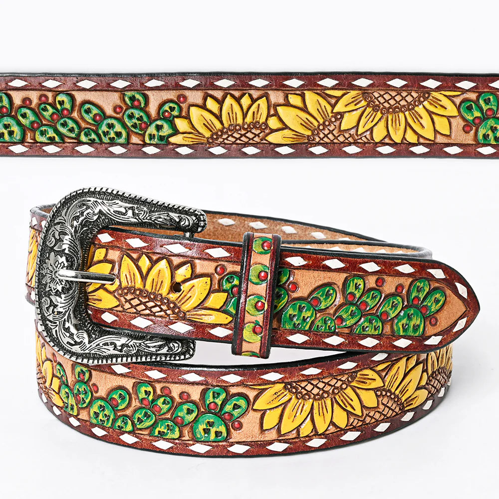 This all veg-tan Leather belt boasts a classic Western design, complete with white buck stitch detailing along the edge. The stylish belt buckle, influenced by the Western aesthetic, can be easily removed and changed thanks to the screw post closure. Whether you choose to shop online or visit our Smyrna, TN store, not far from Famous downtown Nashville, you can snag this unique piece for your wardrobe. Imported.