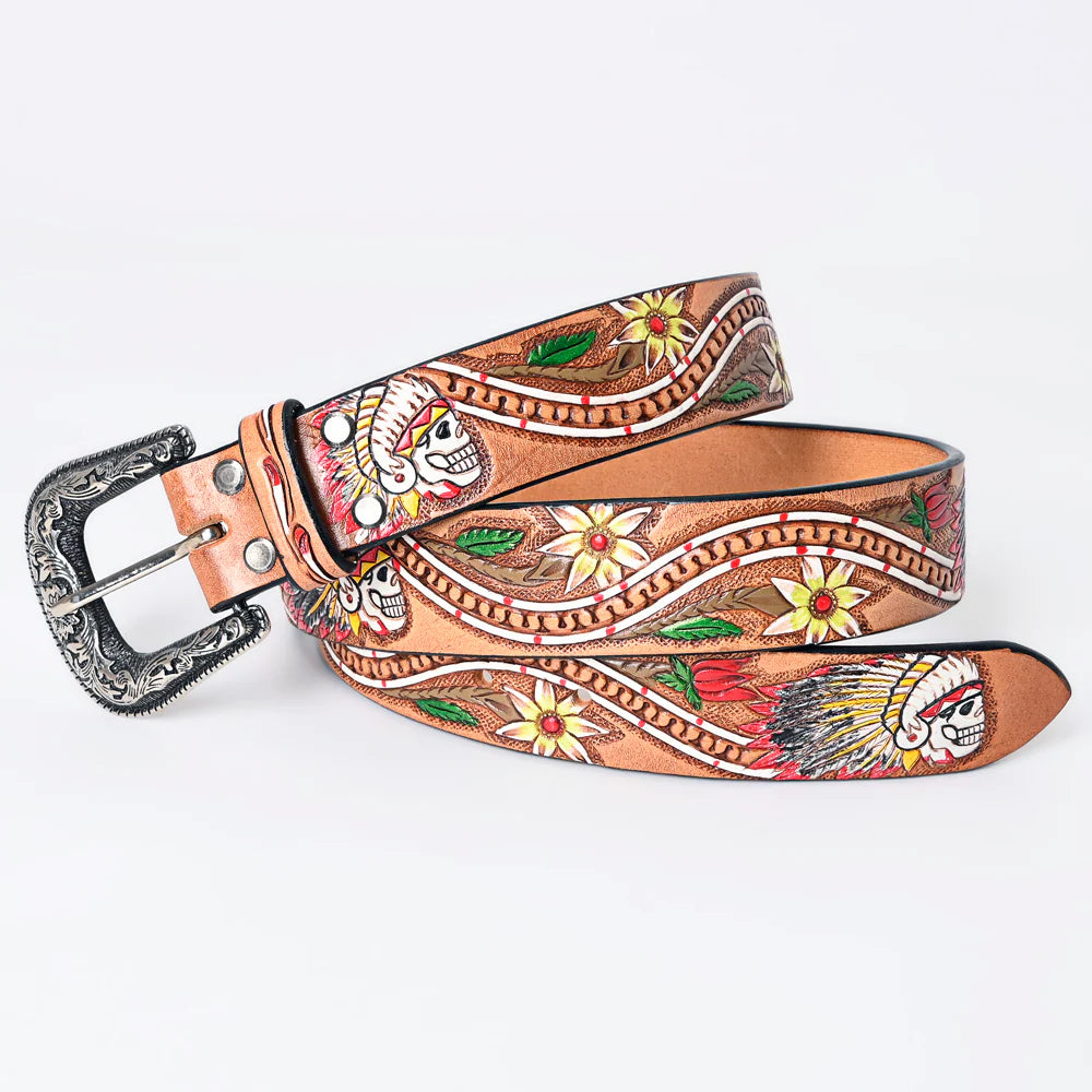 This all veg-tan Leather belt boasts a classic Western design, complete with a tooled Chief Skull/Flower design painted with bright colors . The stylish belt buckle, influenced by the Western aesthetic, can be easily removed and changed thanks to the screw post closure. Whether you choose to shop online or visit our Smyrna, TN store, not far from Famous downtown Nashville. Imported.