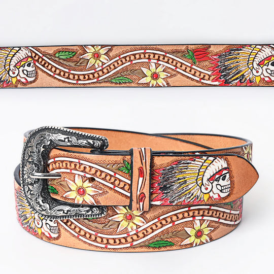 This all veg-tan Leather belt boasts a classic Western design, complete with a tooled Chief Skull/Flower design painted with bright colors . The stylish belt buckle, influenced by the Western aesthetic, can be easily removed and changed thanks to the screw post closure. Whether you choose to shop online or visit our Smyrna, TN store, not far from Famous downtown Nashville. Imported.