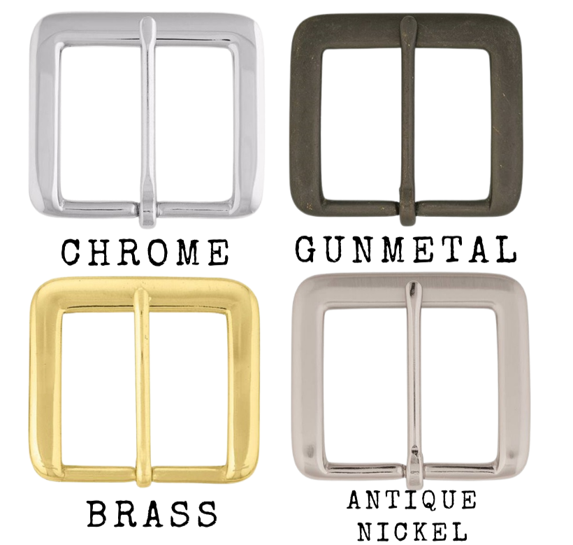 Our buckle of choice for our own belts because of it's Squared off inside that results in less edge rubbing on the edge of the belt.  It's Solid Brass frame with a Chrome, Gunmetal, or Antique Nickel finish. Fits any of our snapped 1 1/4" or 1 1/2" belts. Sold online and in our shop in Smyrna, TN, just outside of Nashville.