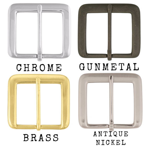 Our buckle of choice for our own belts because of it's Squared off inside that results in less edge rubbing on the edge of the belt.  It's Solid Brass frame with a Chrome, Gunmetal, or Antique Nickel finish. Fits any of our snapped 1 1/4" or 1 1/2" belts. Sold online and in our shop in Smyrna, TN, just outside of Nashville.