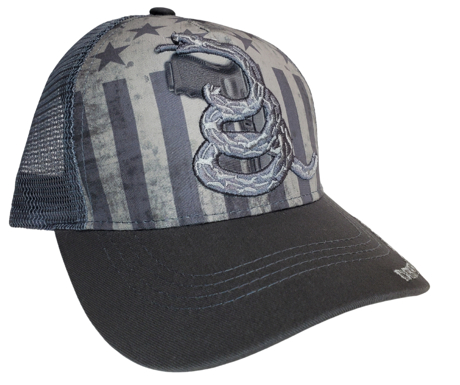 Make a bold statement of freedom - the fascinating Defend the 2A cap, featuring a design composed of the gray, black, and classic American flag/Gadsen snake. Pick up your own at our Smyrna shop - just a short 20 minute drive from Nashville.   Color: Gray/Black   Embroidered DesignTopstitching Detail    Adjustable Closure  One Size Fits Most