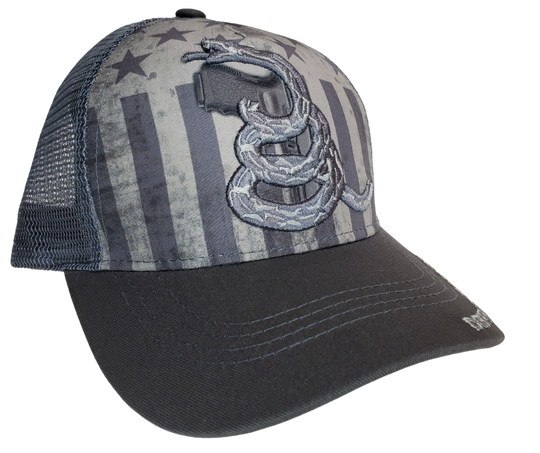 Make a bold statement of freedom - the fascinating Defend the 2A cap, featuring a design composed of the gray, black, and classic American flag/Gadsen snake. Pick up your own at our Smyrna shop - just a short 20 minute drive from Nashville.   Color: Gray/Black   Embroidered DesignTopstitching Detail    Adjustable Closure  One Size Fits Most