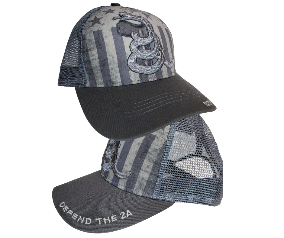 Make a bold statement of freedom - the fascinating Defend the 2A cap, featuring a design composed of the gray, black, and classic American flag/Gadsen snake. Pick up your own at our Smyrna shop - just a short 20 minute drive from Nashville.   Color: Gray/Black   Embroidered DesignTopstitching Detail    Adjustable Closure  One Size Fits Most