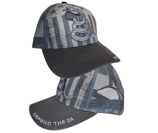 Make a bold statement of freedom - the fascinating Defend the 2A cap, featuring a design composed of the gray, black, and classic American flag/Gadsen snake. Pick up your own at our Smyrna shop - just a short 20 minute drive from Nashville.   Color: Gray/Black   Embroidered DesignTopstitching Detail    Adjustable Closure  One Size Fits Most