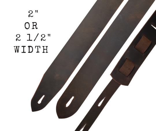 Lower Broadway where so many get their start in the Nashville! Long shifts where you hone your craft and meet players from all backgrounds. "This Basic 2" or 2 1/2" wide Guitar Strap is a nod to those playing in the Honky Tonks. The strap is approx. 1/8" thick Water Buffalo that will after a few gigs will look like your favorite old boots. The classic adjustment style goes from approx. 42" to 56". Made just outside Nashville in our Smyrna, TN. shop. 