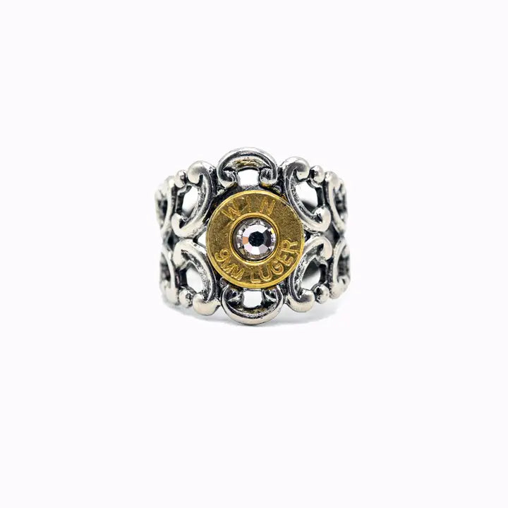 This stunning ring features an intricately designed adjustable metal band made from Genuine Fired Round. The eye-catching Swarovski Crystals add a touch of sparkle. Visit our Smyrna, TN store, only a short drive from Murfreesboro, to see it for yourself. Crafted in the USA.