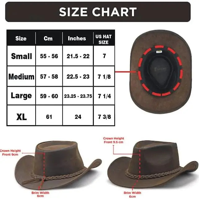 Size Chart ....  Our Outback style  hats for men are multipurpose and used as fashion to get attention at parties and to save yourself from Weather. Hats are associated with farmers, ranchers, truck drivers, rugged outdoor and gambler looks. In recent years, cowboy hats have started to become a more common fixture in mainstream fashion. Get yours at our Smyrna, TN shop not far from wild downtown Nashville.