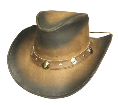 Our Rough Rider Leather in the ever popular Aussie style.&nbsp; Distressed two toned brown Leather outback style hat with Conchos around the leather hatband.&nbsp; It has the classic Aussie outback&nbsp; 2 1/2" brim size, not too big or small. Sizes S-XL is available for purchase in our shop just outside Nashville in Smyrna, TN.&nbsp;&nbsp;