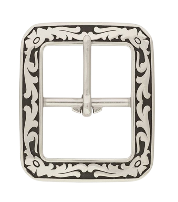 If you need a upgrade for your current belt or want a different look we have a selection of what we call Basic buckles. Stop in our shop in Smyrna, TN, just outside of Nashville. This is a Center bar style with a Western attitude.   Color - Stainless Steel w/ blk accents , 1 1/4" or 1 1/2" width