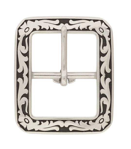 If you need a upgrade for your current belt or want a different look we have a selection of what we call Basic buckles. Stop in our shop in Smyrna, TN, just outside of Nashville. This is a Center bar style with a Western attitude.   Color - Stainless Steel w/ blk accents , 1 1/4" or 1 1/2" width