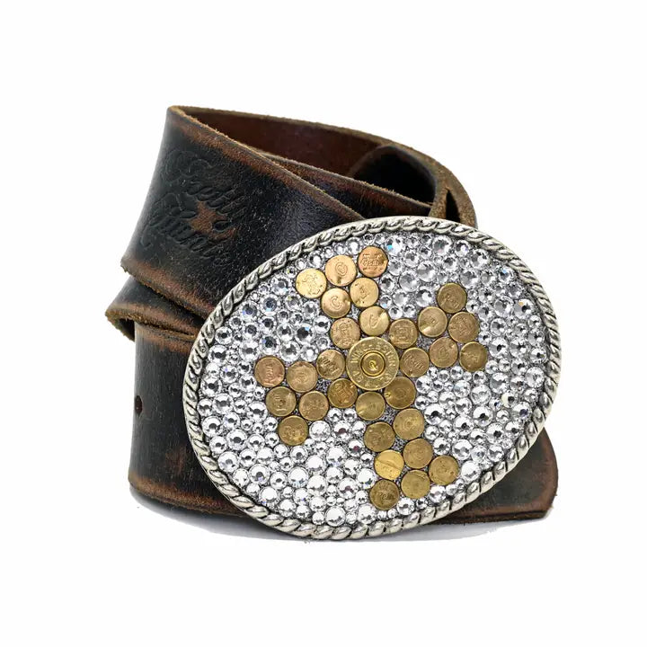 Complete your style with this stunning antique silver buckle, adorned with sparkling clear Swarovski Crystals and a handcrafted cross made from genuine cut spent rounds. This radiant piece will catch the light and add a touch of elegance to any outfit., it measures 3.5" x 2.75" and is designed to fit perfectly on belts up to 1 1/2". Don't wait - visit Smyrna, TN, just outside Nashville, and shop now for this American-made masterpiece.