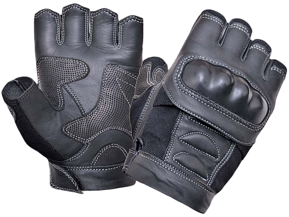 Made of Cowhide Men's NYLON/Leather Fingerless Gloves with Knuckle armor featuring a Adjustable Strap, Full Panel Coverage, Gel Padded Palm, Lightweight Interior Lining. Great for Motorcycle Rides, Delivery Workers or Outside Work. They are available in our shop just outside Nashville in Smyrna, TN.