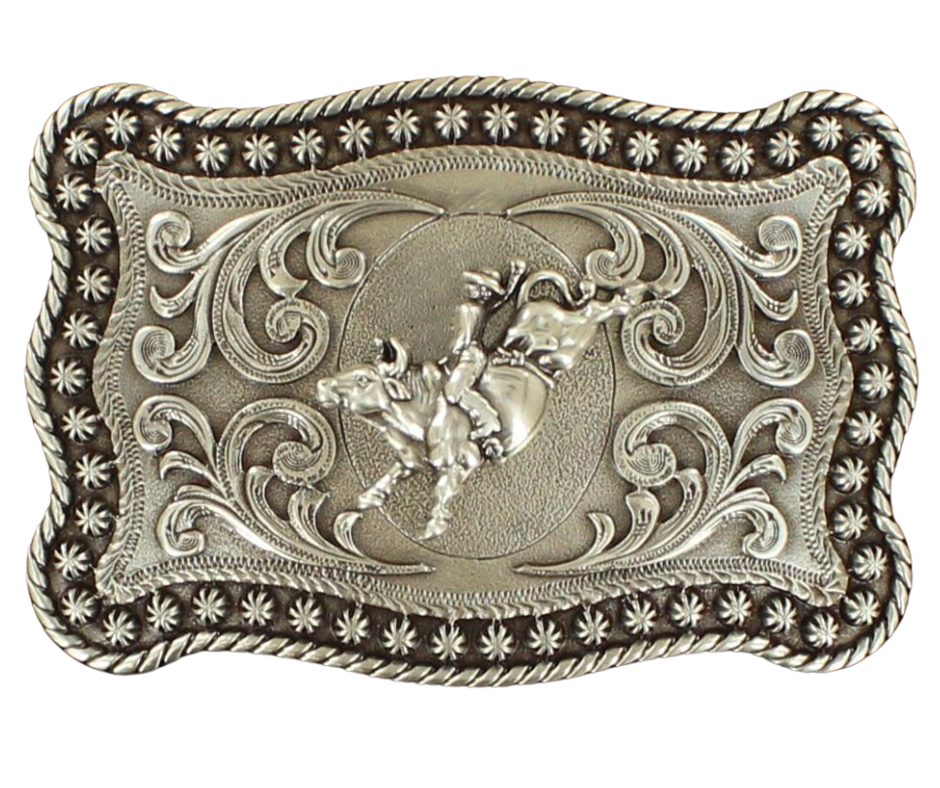 Imagine holding a beautifully designed rectangular belt buckle that captures the exhilarating rush of the Eight Second Bullride. It features a Western-inspired rope and beaded edge, along with a bold depiction of a Bullrider in a Antique Silver color. Measuring approximately 3" tall by 4" wide, it comfortably fits belts up to 1 1/2" wide. You can find this amazing buckle at our retail shop in Smyrna, TN, just outside Nashville, or conveniently purchase it from our online store. Imported