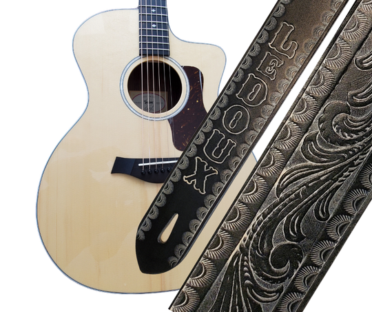 Great Musicians, Singers and great songs have been a staple for years in Nashville. Be on your way starting your journey with this 2" or 2 1/2" main Body of the Guitar strap. It is approx. 1/8" thick Cowhide with a CUSTOMIZABLE NAME FONT. The classic adjustment style goes from approx. 42" to 56" at it's longest . Made just outside Nashville in our Smyrna, TN. shop.