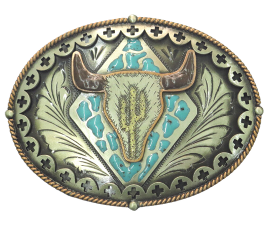 The Buffalo Plains buckle is handmade from German Silver (nickel and brass alloy) or iron metal base.&nbsp; &nbsp;Our products are all handcrafted. In order to give you the quality and long lasting final product we also plate each piece with copper, nickel and silver.&nbsp; to ensure the piece's long lasting qualities. Available at our Smyrna, TN shop just outside of Nashville. Made in Mexico by talented metal workers.&nbsp;