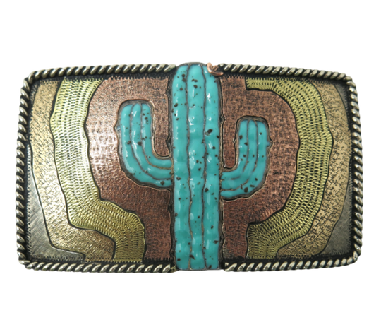 The El Cacto buckle is made from German Silver (nickel and brass alloy) or iron metal base. Each piece is punched, cut, soldered, engraved, polished and painted by our talented metal workers.&nbsp; Our products are all&nbsp; In order to give you the quality and long lasting final product we also&nbsp; Available at our Smyrna, TN shop just outside of Nashville. Approx. Width 4” Height 3”