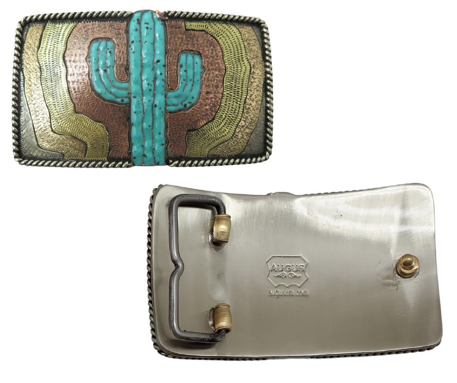 The El Cacto buckle is made from German Silver (nickel and brass alloy) or iron metal base. Each piece is punched, cut, soldered, engraved, polished and painted by our talented metal workers.&nbsp; Our products are all&nbsp; In order to give you the quality and long lasting final product we also&nbsp; Available at our Smyrna, TN shop just outside of Nashville. Approx. Width 4” Height 3”