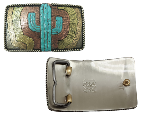 The El Cacto buckle is made from German Silver (nickel and brass alloy) or iron metal base. Each piece is punched, cut, soldered, engraved, polished and painted by our talented metal workers.&nbsp; Our products are all&nbsp; In order to give you the quality and long lasting final product we also&nbsp; Available at our Smyrna, TN shop just outside of Nashville. Approx. Width 4” Height 3”