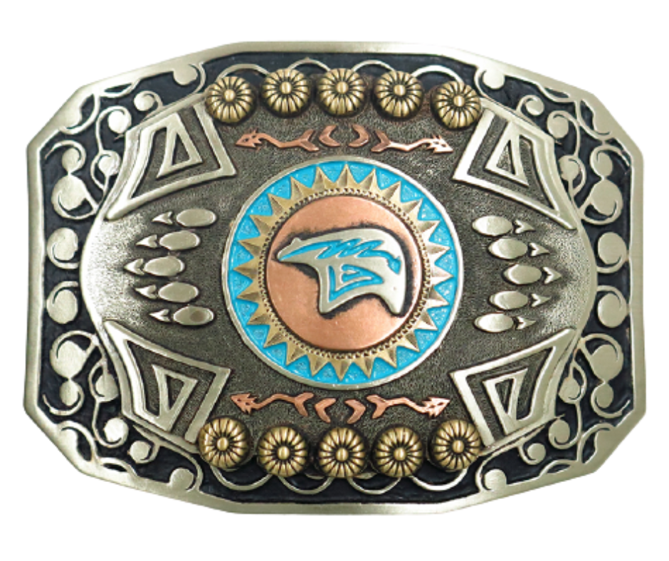 The Mukwa in Ojibwa means bear and strength. This buckle is handmade from German Silver (nickel and brass alloy) or iron metal base. Our products are all handcrafted. In order to give you the quality and long lasting final product we also plate each piece with copper, nickel and silver.&nbsp; to ensure the piece's long lasting qualities. Available at our Smyrna, TN shop just outside of Nashville. Made in Mexico by talented metal workers.&nbsp;