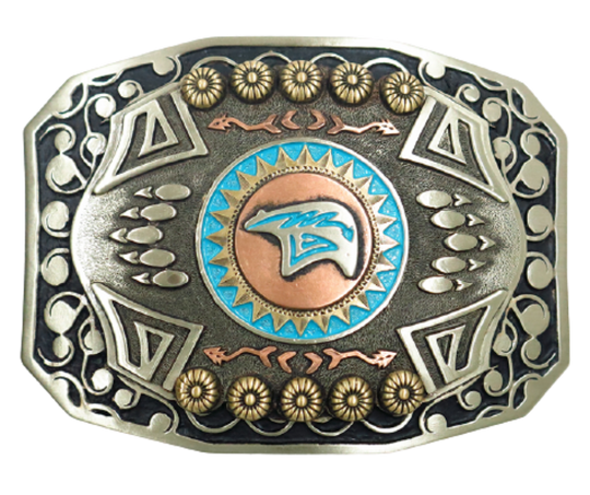 The Mukwa in Ojibwa means bear and strength. This buckle is handmade from German Silver (nickel and brass alloy) or iron metal base. Our products are all handcrafted. In order to give you the quality and long lasting final product we also plate each piece with copper, nickel and silver.&nbsp; to ensure the piece's long lasting qualities. Available at our Smyrna, TN shop just outside of Nashville. Made in Mexico by talented metal workers.&nbsp;