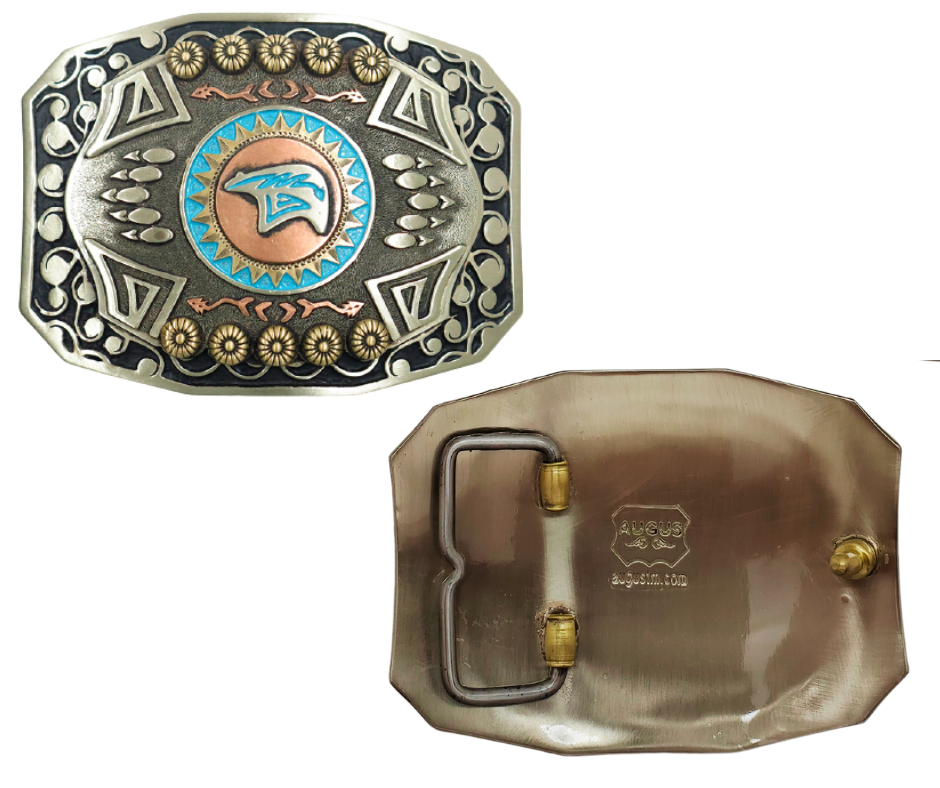 The Mukwa in Ojibwa means bear and strength. This buckle is handmade from German Silver (nickel and brass alloy) or iron metal base. Our products are all handcrafted. In order to give you the quality and long lasting final product we also plate each piece with copper, nickel and silver.&nbsp; to ensure the piece's long lasting qualities. Available at our Smyrna, TN shop just outside of Nashville. Made in Mexico by talented metal workers.&nbsp;