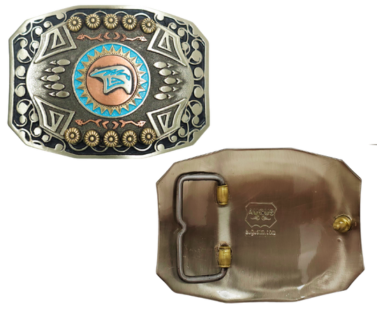 The Mukwa in Ojibwa means bear and strength. This buckle is handmade from German Silver (nickel and brass alloy) or iron metal base. Our products are all handcrafted. In order to give you the quality and long lasting final product we also plate each piece with copper, nickel and silver.&nbsp; to ensure the piece's long lasting qualities. Available at our Smyrna, TN shop just outside of Nashville. Made in Mexico by talented metal workers.&nbsp;