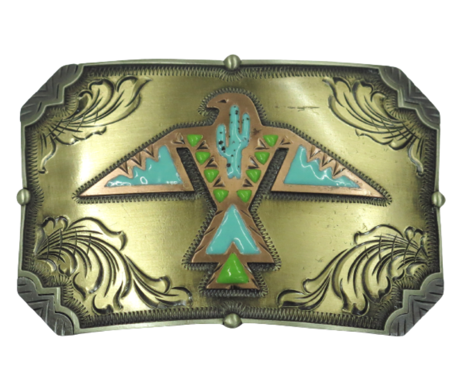 The Thunderbird Rising buckle is handmade from German Silver (nickel and brass alloy) or iron metal base.&nbsp; &nbsp;Our products are all handcrafted. In order to give you the quality and long lasting final product we also plate each piece with copper, nickel and silver.&nbsp; to ensure the piece's long lasting qualities. Available at our Smyrna, TN shop just outside of Nashville. Made in Mexico by talented metal workers.&nbsp;