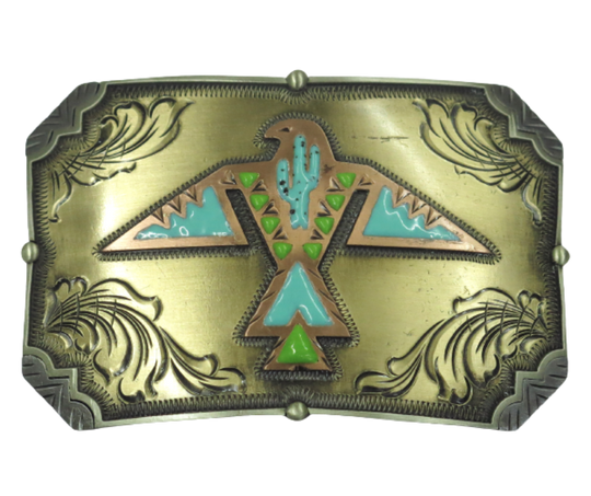 The Thunderbird Rising buckle is handmade from German Silver (nickel and brass alloy) or iron metal base.&nbsp; &nbsp;Our products are all handcrafted. In order to give you the quality and long lasting final product we also plate each piece with copper, nickel and silver.&nbsp; to ensure the piece's long lasting qualities. Available at our Smyrna, TN shop just outside of Nashville. Made in Mexico by talented metal workers.&nbsp;