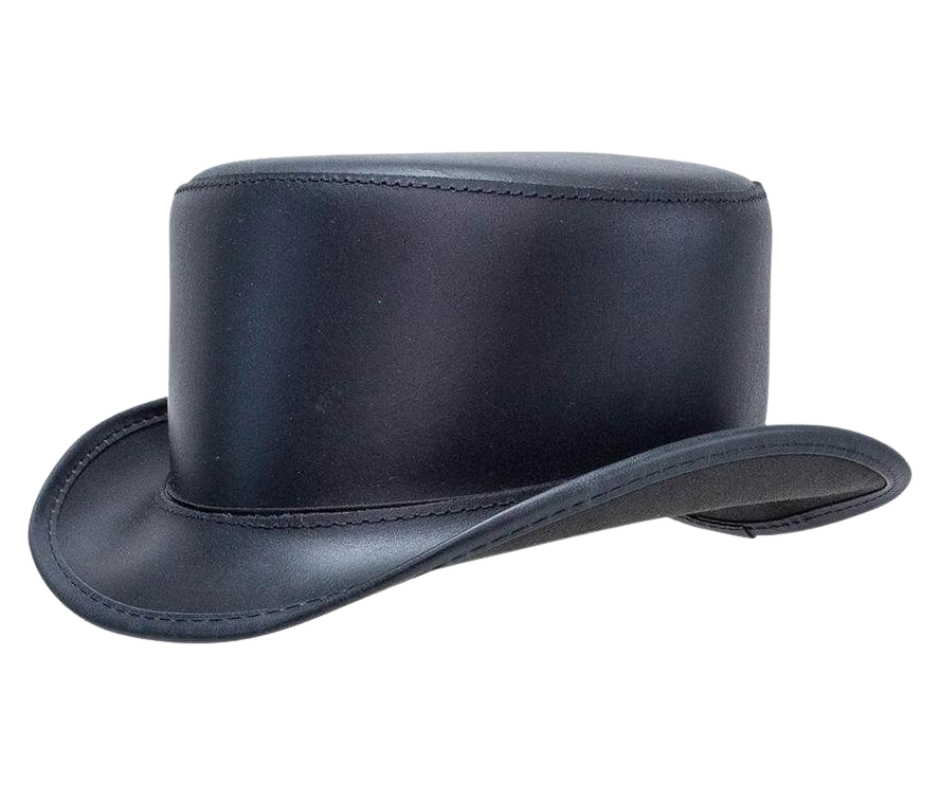 The Bromley is a Throwback style hat to 1800's west for Villains or Bankers. It's small streamlined 1 1/2"Brim, Low understated 3" Crown&nbsp; made from Cowhide Leather.&nbsp; The Bromley leather top hat sports a practical Vintage but updated look and it's made in the USA. It's available for purchase at our retail shop in Smyrna, TN, just outside of Nashville. Sizes S,M,L,XL.