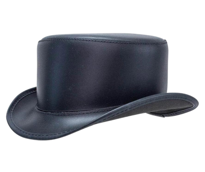 The Bromley is a Throwback style hat to 1800's west for Villains or Bankers. It's small streamlined 1 1/2"Brim, Low understated 3" Crown&nbsp; made from Cowhide Leather.&nbsp; The Bromley leather top hat sports a practical Vintage but updated look and it's made in the USA. It's available for purchase at our retail shop in Smyrna, TN, just outside of Nashville. Sizes S,M,L,XL.