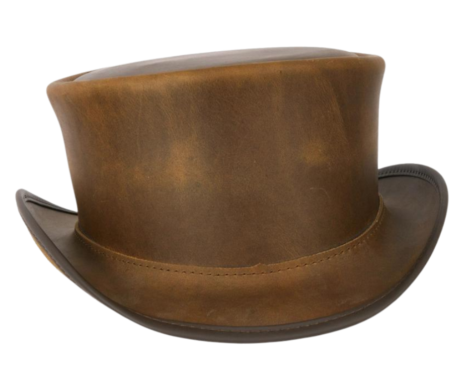 The Marlow Mens Leather Top Hat is handmade in the USA from 100% authentic top-grain cowhide leather. Loved by Harley Davidson, motorcycle and steampunk subculture enthusiasts, this short crown, coachman style men’s biker top hat is for the man who isn’t afraid to stand out in a crowd. It's available for purchase at our retail shop in Smyrna, TN, just outside of Nashville. We sale these unbanded so you can have a choice of a band or no band.