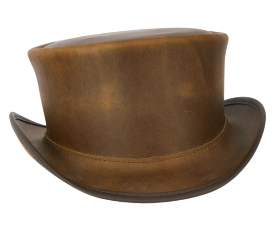 The Marlow Mens Leather Top Hat is handmade in the USA from 100% authentic top-grain cowhide leather. Loved by Harley Davidson, motorcycle and steampunk subculture enthusiasts, this short crown, coachman style men’s biker top hat is for the man who isn’t afraid to stand out in a crowd. It's available for purchase at our retail shop in Smyrna, TN, just outside of Nashville. We sale these unbanded so you can have a choice of a band or no band.