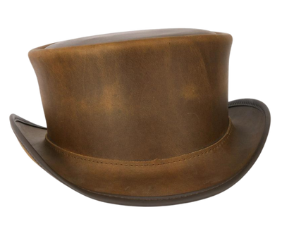 The Marlow Mens Leather Top Hat is handmade in the USA from 100% authentic top-grain cowhide leather. Loved by Harley Davidson, motorcycle and steampunk subculture enthusiasts, this short crown, coachman style men’s biker top hat is for the man who isn’t afraid to stand out in a crowd. It's available for purchase at our retail shop in Smyrna, TN, just outside of Nashville. We sale these unbanded so you can have a choice of a band or no band.