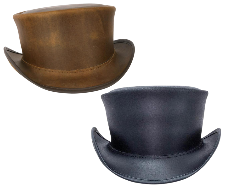 The Marlow Mens Leather Top Hat is handmade in the USA from 100% authentic top-grain cowhide leather. Loved by Harley Davidson, motorcycle and steampunk subculture enthusiasts, this short crown, coachman style men’s biker top hat is for the man who isn’t afraid to stand out in a crowd. It's available for purchase at our retail shop in Smyrna, TN, just outside of Nashville. We sale these unbanded so you can have a choice of a band or no band.