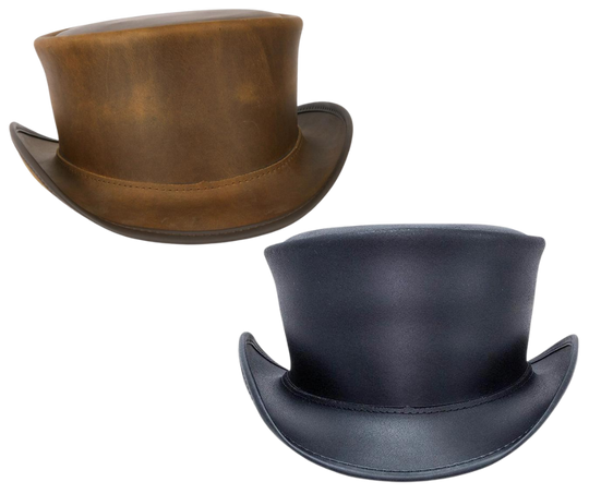 The Marlow Mens Leather Top Hat is handmade in the USA from 100% authentic top-grain cowhide leather. Loved by Harley Davidson, motorcycle and steampunk subculture enthusiasts, this short crown, coachman style men’s biker top hat is for the man who isn’t afraid to stand out in a crowd. It's available for purchase at our retail shop in Smyrna, TN, just outside of Nashville. We sale these unbanded so you can have a choice of a band or no band.