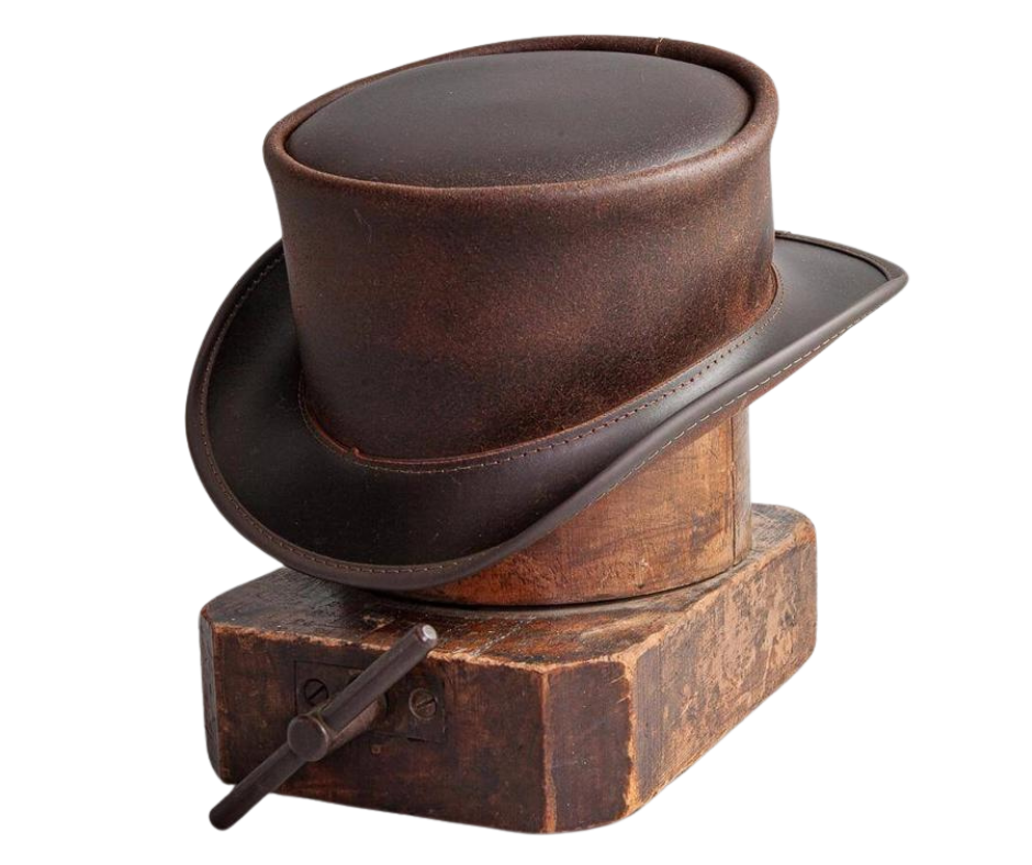 The Marlow Mens Leather Top Hat is handmade in the USA from 100% authentic top-grain cowhide leather. Loved by Harley Davidson, motorcycle and steampunk subculture enthusiasts, this short crown, coachman style men’s biker top hat is for the man who isn’t afraid to stand out in a crowd. It's available for purchase at our retail shop in Smyrna, TN, just outside of Nashville. We sale these unbanded so you can have a choice of a band or no band.