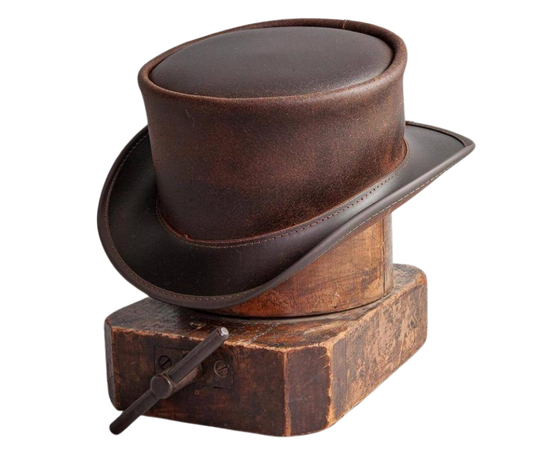 The Marlow Mens Leather Top Hat is handmade in the USA from 100% authentic top-grain cowhide leather. Loved by Harley Davidson, motorcycle and steampunk subculture enthusiasts, this short crown, coachman style men’s biker top hat is for the man who isn’t afraid to stand out in a crowd. It's available for purchase at our retail shop in Smyrna, TN, just outside of Nashville. We sale these unbanded so you can have a choice of a band or no band.