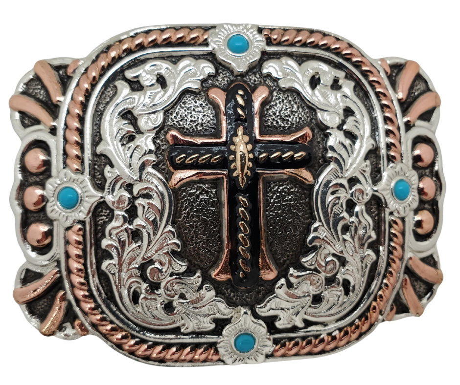 Amazing grace! how sweet the sound, That saved a wretch; like me! I once was lost, but now am found, Was blind, but now I see, AMEN! A western styled Cross buckle with copper colored accents, rope decor, scroll patterns,&nbsp; and 4 turquoise accents,&nbsp; Measures approx. 3" tall x 4" across Get it at our shop in Smyrna, TN, outside Nashville. Made in Mexico.