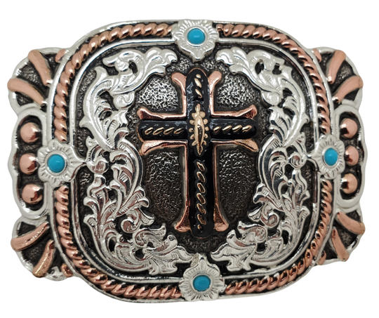 Amazing grace! how sweet the sound, That saved a wretch; like me! I once was lost, but now am found, Was blind, but now I see, AMEN! A western styled Cross buckle with copper colored accents, rope decor, scroll patterns,&nbsp; and 4 turquoise accents,&nbsp; Measures approx. 3" tall x 4" across Get it at our shop in Smyrna, TN, outside Nashville. Made in Mexico.