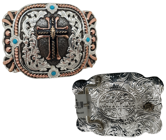 Amazing grace! how sweet the sound, That saved a wretch; like me! I once was lost, but now am found, Was blind, but now I see, AMEN! A western styled Cross buckle with copper colored accents, rope decor, scroll patterns,&nbsp; and 4 turquoise accents,&nbsp; Measures approx. 3" tall x 4" across Get it at our shop in Smyrna, TN, outside Nashville. Made in Mexico.