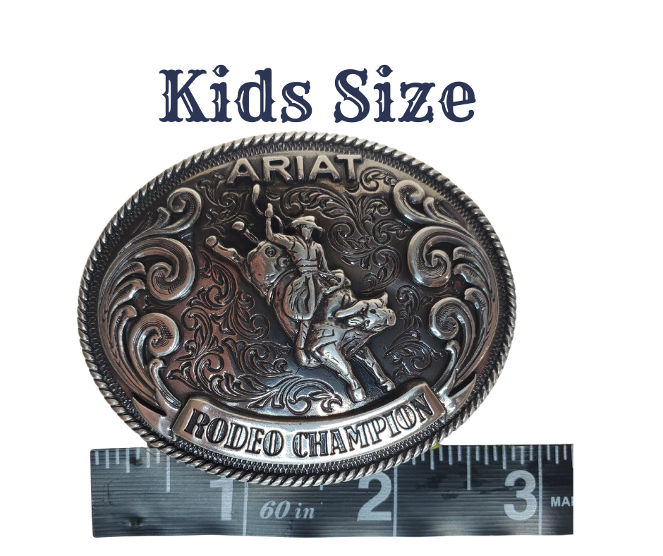 Be ready for the Rodeos with the Kid size Ariat Rodeo Champion buckle. Fit's up to 1 1/4" belts. Check out our Custom kids belts! Available for purchase in our online store or the retail shop in Smyrna, TN, just outside Nashville. Imported