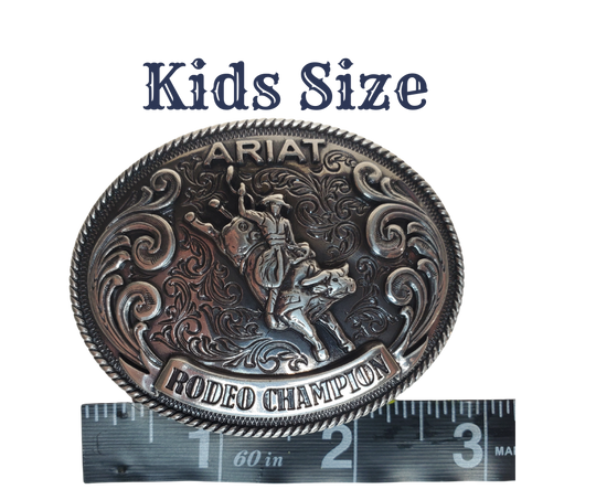 Be ready for the Rodeos with the Kid size Ariat Rodeo Champion buckle. Fit's up to 1 1/4" belts. Check out our Custom kids belts! Available for purchase in our online store or the retail shop in Smyrna, TN, just outside Nashville. Imported