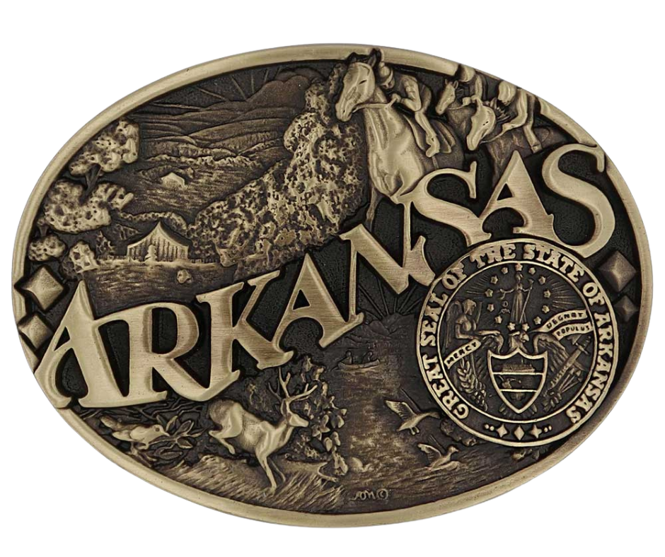 Large lettering spelling out Arkansas stretches boldly across, surrounded by a set of antiqued figures in celebration of Arkansas heritage including horse racing, wildlife, and the state seal. Our cast belt buckles are acid washed to add the dark antiqued patina and hand buffed to bring out the highlights and details. Standard 1.5 inch belt swivel.
Get yours at our local Smyrna ,TN shop.