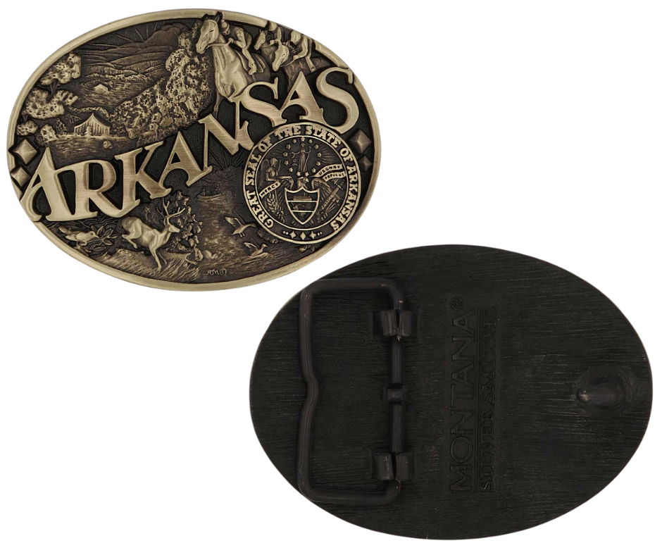 Large lettering spelling out Arkansas stretches boldly across, surrounded by a set of antiqued figures in celebration of Arkansas heritage including horse racing, wildlife, and the state seal. Our cast belt buckles are acid washed to add the dark antiqued patina and hand buffed to bring out the highlights and details. Standard 1.5 inch belt swivel.
Get yours at our local Smyrna ,TN shop.