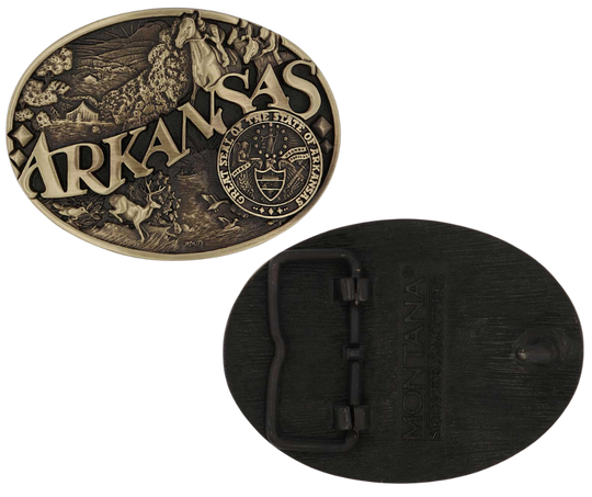 Large lettering spelling out Arkansas stretches boldly across, surrounded by a set of antiqued figures in celebration of Arkansas heritage including horse racing, wildlife, and the state seal. Our cast belt buckles are acid washed to add the dark antiqued patina and hand buffed to bring out the highlights and details. Standard 1.5 inch belt swivel.
Get yours at our local Smyrna ,TN shop.